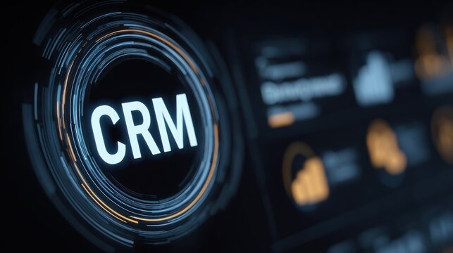 A digital interface with a CRM (Customer Relationship Management) icon and various data and analytics graphs.