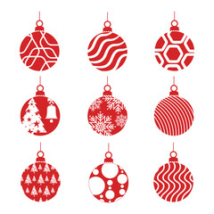 Stylish red Christmas balls adorned with snowflakes, stars, and wavy line patterns for elegant holiday decor. Christmas Elements Vector Illustration