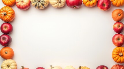 Autumn Blank Background with Small Pumpkins, Apples, and Gourds in Corners, Top Space for Text or Product Images, Simple Colorful Harvest Theme for Festive Events