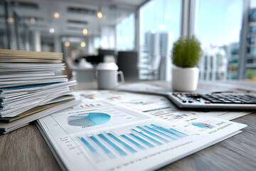 Data analysis information on a laptop screen and notebooks on a desk. business charts and statistical data. Professional analyzing financial data graphs, charts on laptop display at a modern workspace
