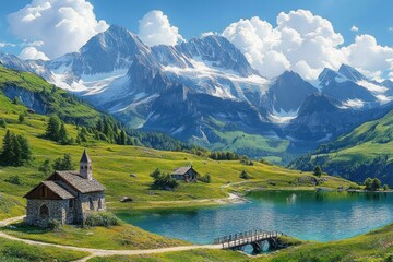 Scenic mountain landscape with clear blue lake, small stone chapel, wooden bridge, green grassy hills, and dramatic cloudy sky behind towering snow-capped peaks