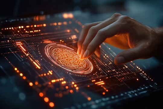 Close-up of a hand interacting with a futuristic digital interface displaying an illuminated brain diagram surrounded by glowing circuit patterns in a dark setting