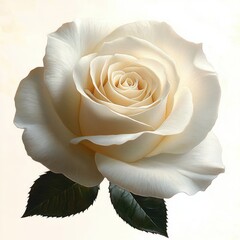 Close-up of a delicate creamy white rose with detailed petals and green leaves on a neutral background