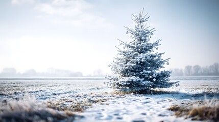 Single evergreen tree stands alone adorned with ornaments amidst a frost covered open field