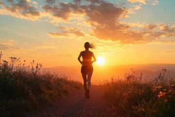 A person jogging on a trail surrounded by wildflowers during a vibrant sunrise with a cloudy sky and distant mountains, evoking energy and tranquility