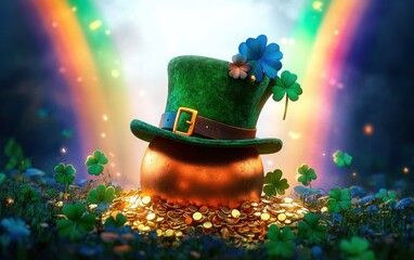 Naklejka premium Golden pot filled with shining coins wearing a green velvet top hat adorned with clover leaves, surrounded by clovers and a bright glowing rainbow in a mystical forest setting