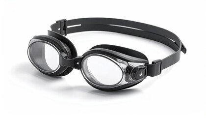 Sleek black swim goggles on bright white surface