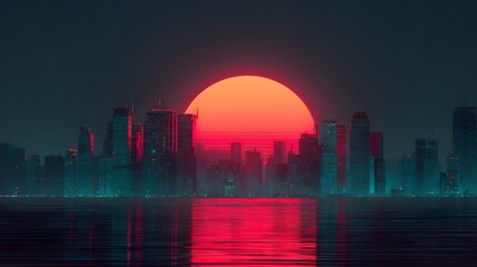 Panoramic cityscape silhouette reflects vibrant neon glow upon calm water under a massive setting sun