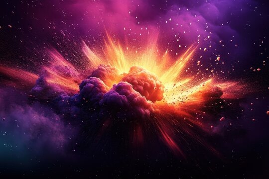 Vivid colorful explosion with bright orange, purple, and pink smoke and particles against a dark background, evoking energy and dynamic motion