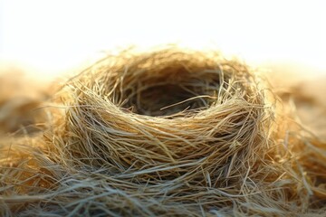 Close-up of an empty bird nest made from dried grass and straw with a soft, blurred background