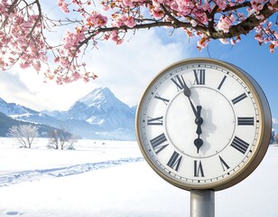 Clock Under Cherry Blossoms in a Snowy Mountain Landscape: Spring Time Concept