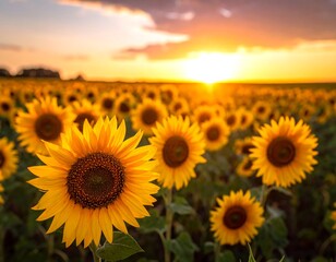 Field of blooming yellow flowers basking in the golden glow of sunset