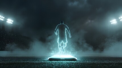 Glowing holographic projection of an athlete emerges from a mobile device onto a darkened stadium field