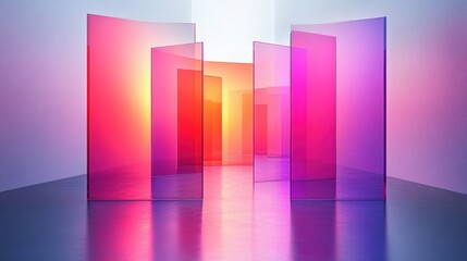 Colorful translucent panels arranged in a minimalist space creating a gradient of warm and cool light reflections evoking a serene and modern atmosphere