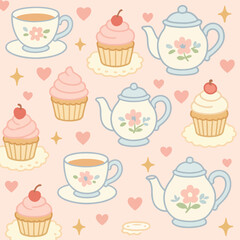 Vintage Tea Pot and Cup Pattern Vector Illustration in Pastel Colors with Floral and Dessert Elements in Modern Decorative Style