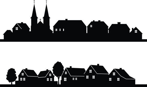 Charming village and countryside silhouette with houses, trees, and church, black rural landscape illustration for architecture, tourism, and design projects