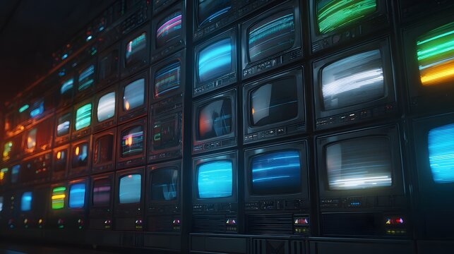 Multiple vintage monitoring screens display colorful static and abstract light patterns in a dark environment.