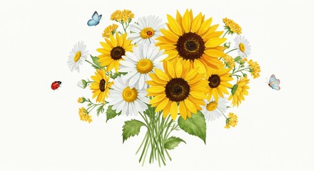 Naklejka premium Bright Floral Arrangement with Sunflowers and Butterflies