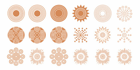 Collection of abstract geometric circular patterns and sunburst designs in earth tones