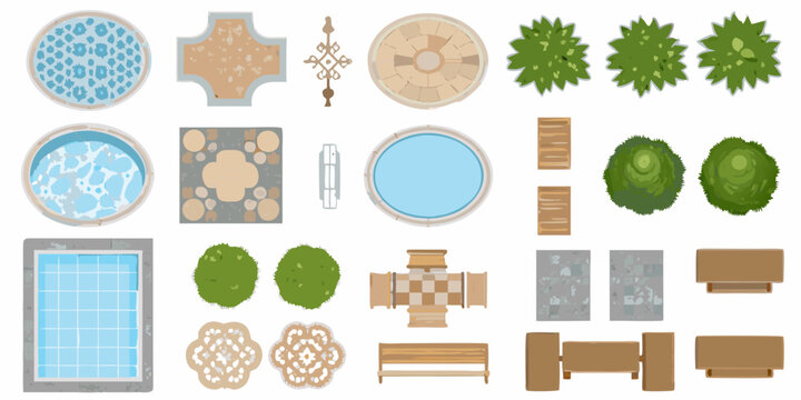 Top down view of garden elements including pools benches tables trees and paving stones