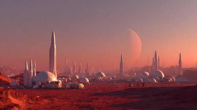 Extraterrestrial settlement features tall rocket structures and domed habitats under a large planetary silhouette