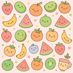 Vector Pattern of Cute Fruit Characters in Minimalist Organic Style with Bright Pastel Colors for Children's Print and Packaging