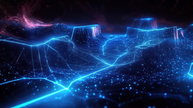 Futuristic digital landscape with glowing blue grid lines and interconnected points resembling a network or topographic terrain under a dark sky with purple highlights