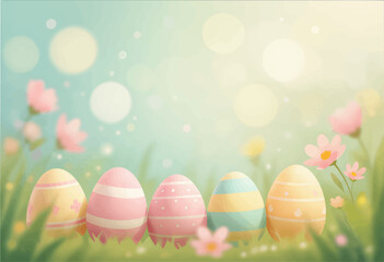 Colorful Easter eggs in grassy field with flowers, soft pastel background
