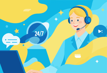 Colorful customer service agent with headset, 24/7 support concept, flat design