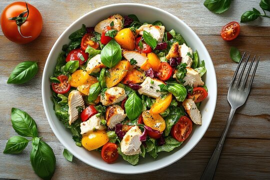 Fresh colorful salad with grilled chicken, cherry tomatoes, yellow tomatoes, lettuce, and basil leaves in a white bowl on a wooden surface