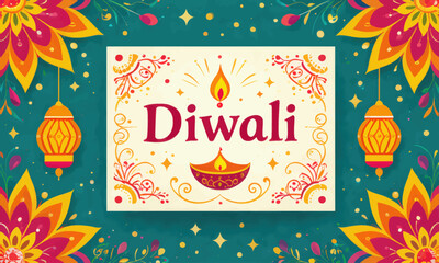 Naklejka premium Colorful diwali greeting card with ornate lanterns and floral patterns on teal background