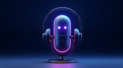 Stylized condenser microphone assembly features glowing accents and over ear audio gear