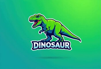 Colorful dinosaur mascot logo, cartoon T-Rex with bold text, isolated on gradient background