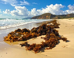 Beautiful coastal landscape featuring seaweed on the beach and mountain backdrop