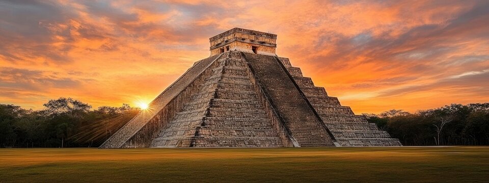 Ancient stone pyramid with steep steps at sunset surrounded by trees under a colorful orange and purple sky - Powered by Adobe