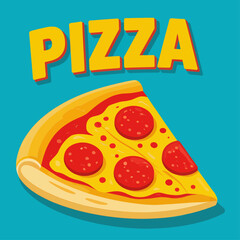 Colorful pizza slice illustration, cartoon food graphic, isolated on blue background