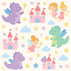 Cute Fairy Tale Vector Pattern with Castles Dragons Fairies in Pastel Colors Modern Whimsical Style