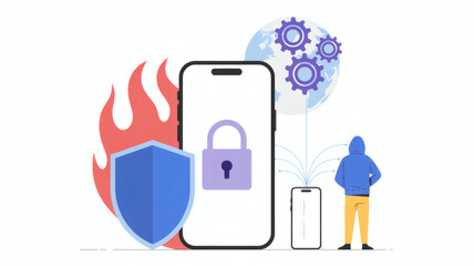 Digital security concept with a smartphone protected by a shield and flames representing cybersecurity and data protection