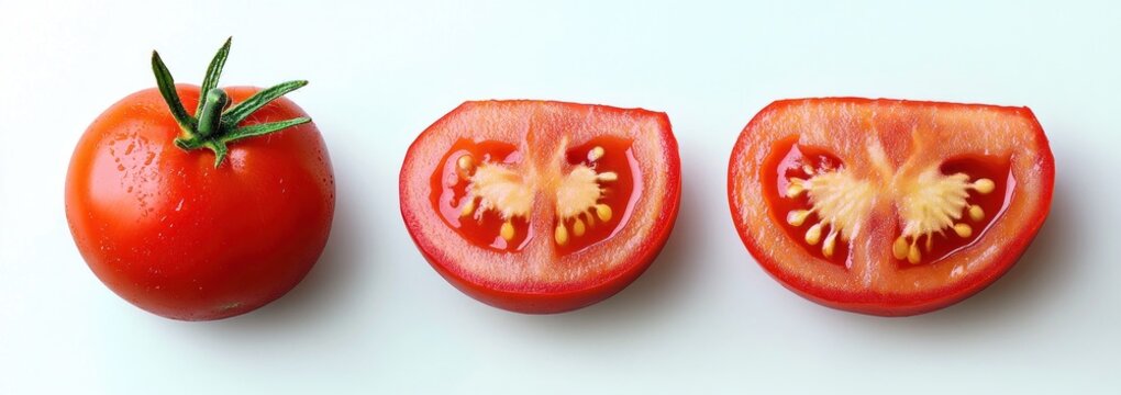 Fresh whole tomato with two halves cut open showing seeds and juicy interior on white background
