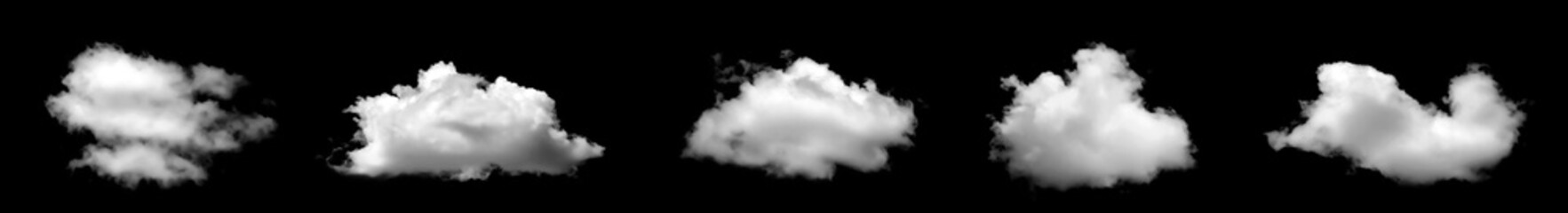 Realistic fluffy white clouds isolated on black background, perfect for digital art, photo...