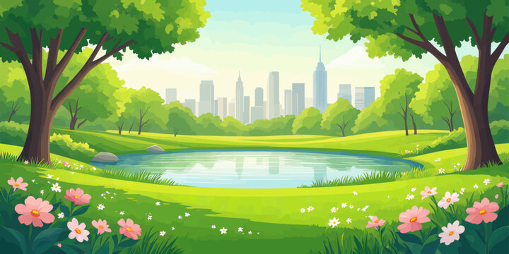 Colorful vector park scene with pond flowers and city skyline in background