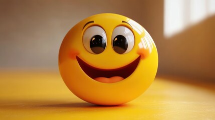 Bright yellow smiley face ball with big eyes and wide happy smile sitting on a yellow surface with soft warm lighting