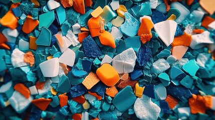 Close-up view of scattered small colorful plastic fragments in various shapes and vibrant blue, orange, white, and teal tones creating a textured abstract pattern