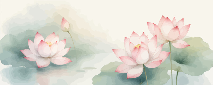 Delicate pink lotus flowers in watercolor style, soft green leaves, serene pond scene