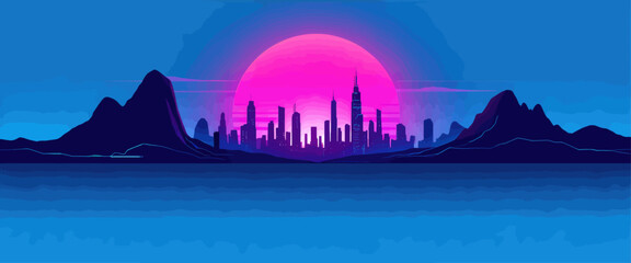 Cyberpunk city skyline at sunset with neon pink sun, futuristic mountains backdrop