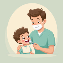 Obraz premium Friendly dentist examining happy child with dental mirror in flat colorful style