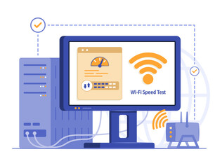 Wifi Router Modem Transmitting the Wireless Signal to Desktop PC Computer for Testing Wifi Signal Speed for Internet and Wireless Network Connection Technology Concept Illustration