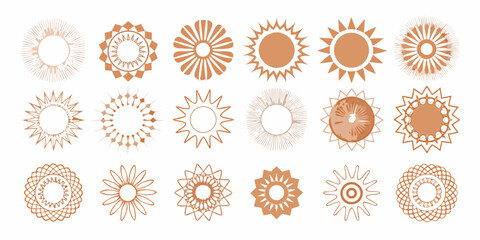 Collection of diverse sun and starburst graphic elements in warm earth tones