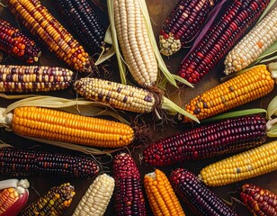 Colorful Varieties of Corn Arranged in a Circular Pattern Close-Up Photography