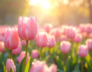 Beautiful Pink Tulips Blooming in Sunlight with Water Droplets on Petals